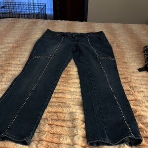 Dark Blue Flare Wide Leg Jeans with Full Length and Visible Seams